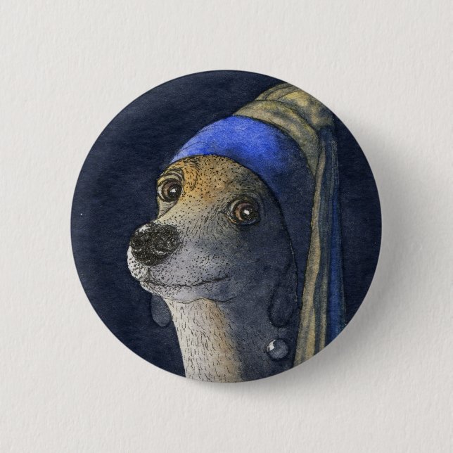 Dog with a pearl earring 6 cm round badge (Front)