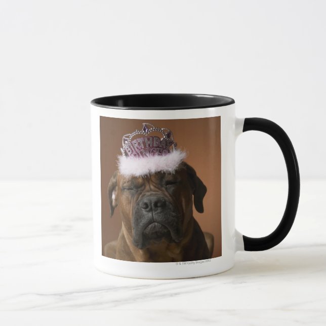 Dog with birthday crown on head mug (Right)