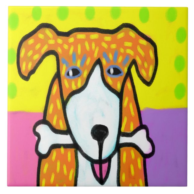 Dog with Bone Abstract Art Ceramic Tile (Front)
