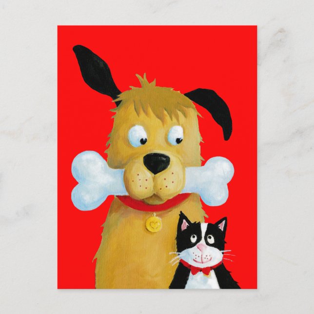 Dog with Bone & Cat - Funny Postcard (Front)
