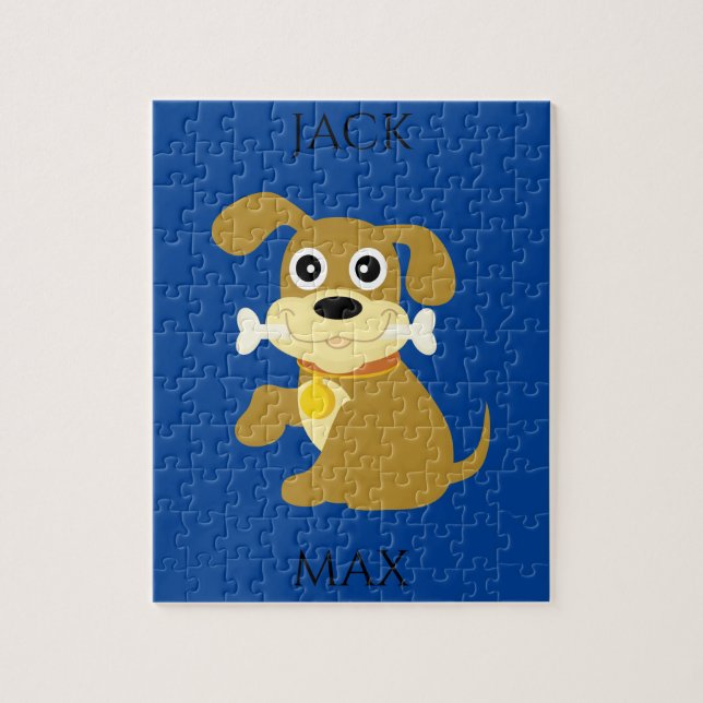 DOG  WITH BONE PUZZLE. NAME OF CHILD AND DOG. JIGSAW PUZZLE (Vertical)