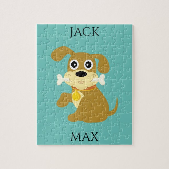 DOG  WITH BONE PUZZLE. NAME OF CHILD AND DOG. JIGSAW PUZZLE (Vertical)