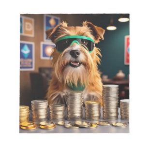 Dog with  crypto coins notepad
