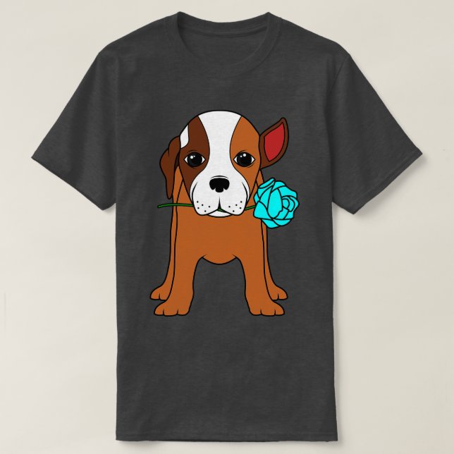 Dog with Ear and blue Rose T-Shirt (Design Front)