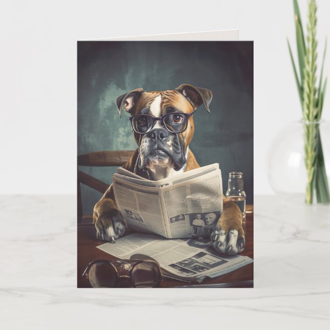 Dog with Eyeglasses Reading Newspaper Folded Card (Front)