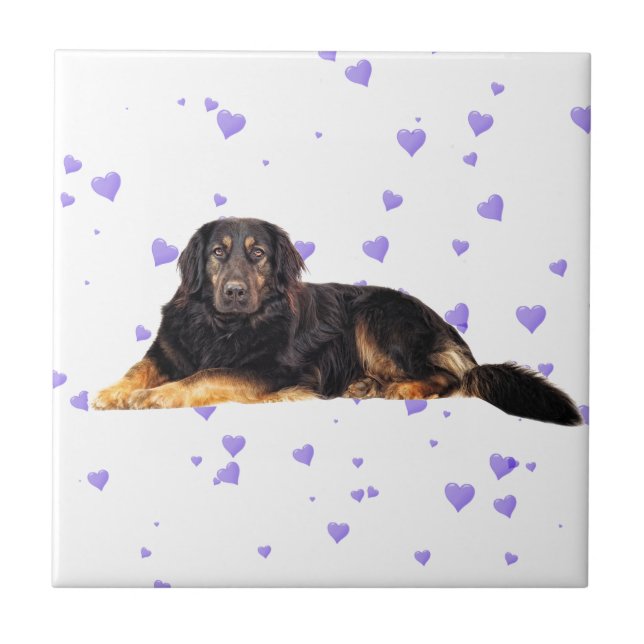 Dog with Falling purple Hearts Ceramic Tile (Front)