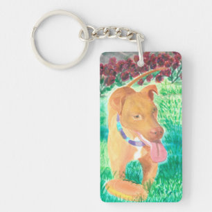 Dog With Frisbee and Roses Key Ring
