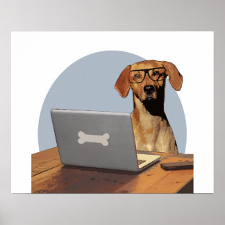 Dog with Glasses at Computer and Desk Poster