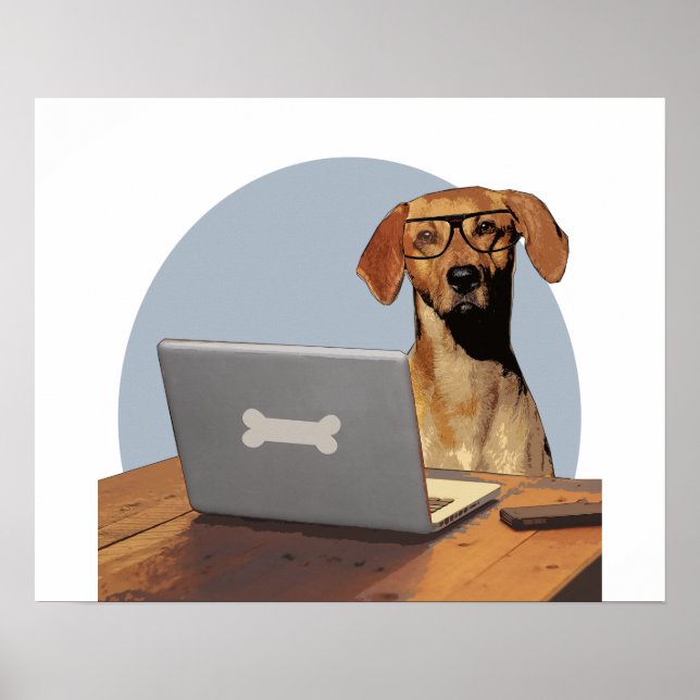 Dog with Glasses at  Computer and Desk Poster (Front)