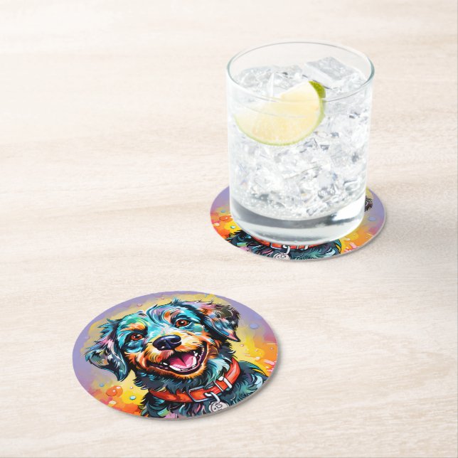 Dog with Glasses Round Paper Coaster (Insitu)