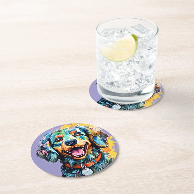 Dog with Glasses Round Paper Coaster (Insitu)