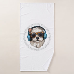 dog with headphones dog with glasses listen Listen Bath Towel
