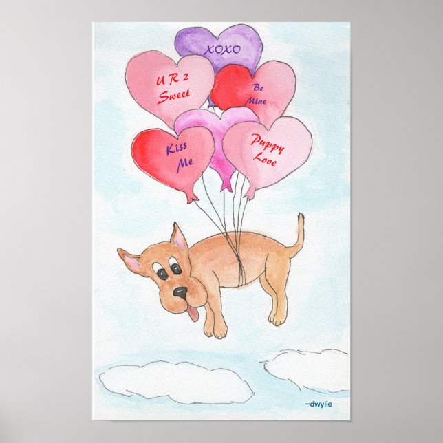 Dog with Heart Balloons Poster (Front)