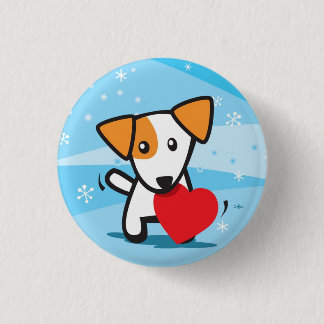 dog with heart in snow 3 cm round badge