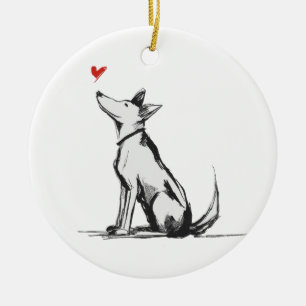 Dog with Heart – Minimal Love Animal Sketch Ceramic Ornament