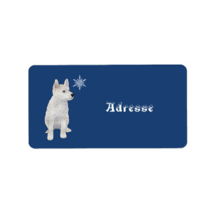 Dog with snowflake label