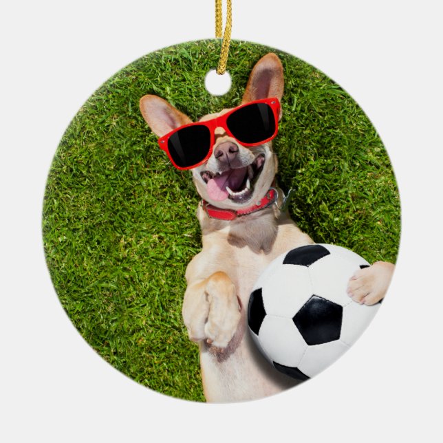 Dog with soccer ball on green Christmas  Ceramic Ornament (Front)