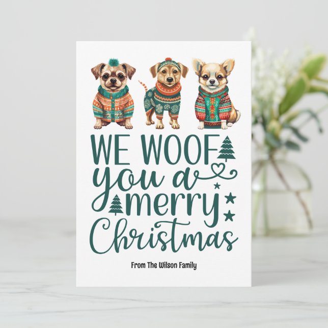 Dog with Sweater | We Woof You a Merry Christmas Holiday Card (Standing Front)