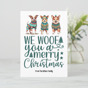 Dog with Sweater   We Woof You a Merry Christmas Holiday Card