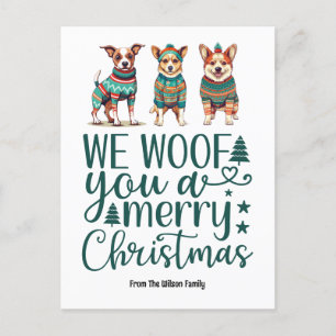 Dog with Sweater   We Woof You a Merry Christmas Holiday Postcard