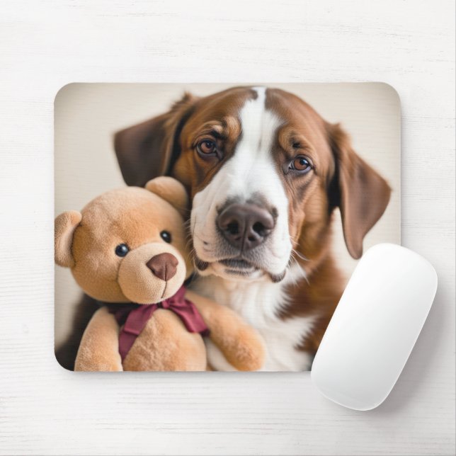 Dog With Teddy Bear Mouse Pad (With Mouse)