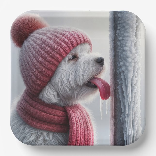Dog With Tongue On Frozen Flag Pole Paper Plate (Front)