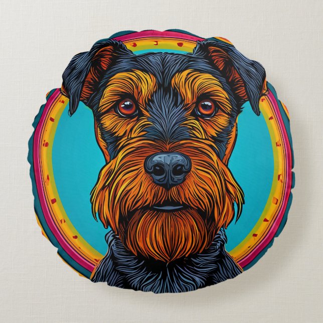 Dog with Vibrant Circular Background Design Round Cushion (Front)