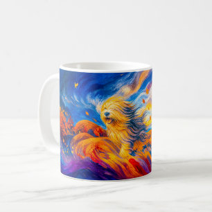 Dog with windblown fur on autumn hill coffee mug