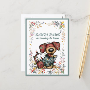 Dog Wrapped In Lights Santa PAWS is Coming to Town Holiday Postcard