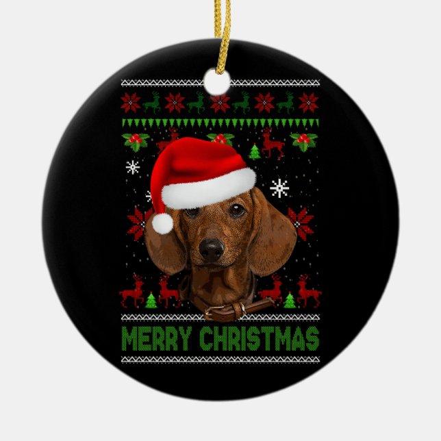 Dog Xmas Dachshund Wearing Santa Hat Ugly Christma Ceramic Ornament (Front)