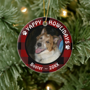 Dog YAPPY HOWLIDAYS Red Buffalo Plaid Photo Ceramic Ornament