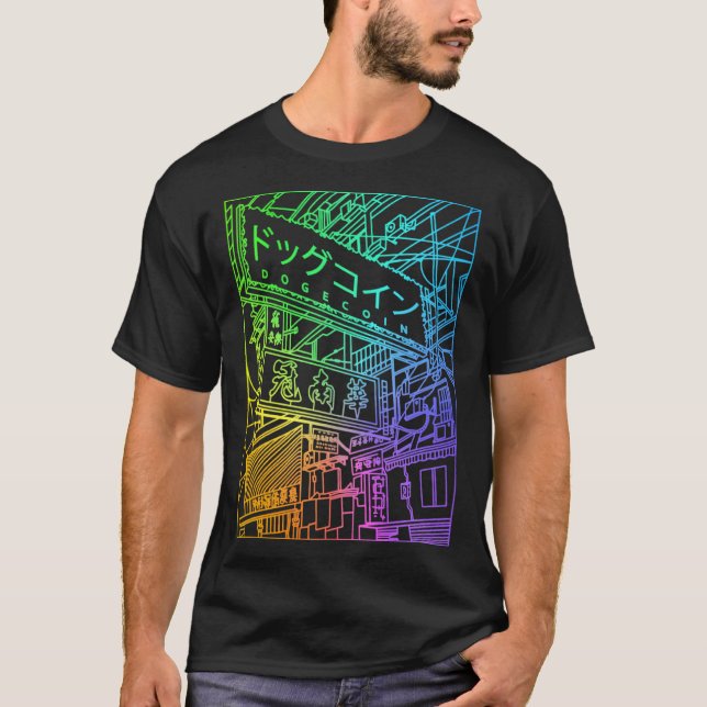 Dogecoin Colourful Vaporwave Japan City coin Crypt T-Shirt (Front)