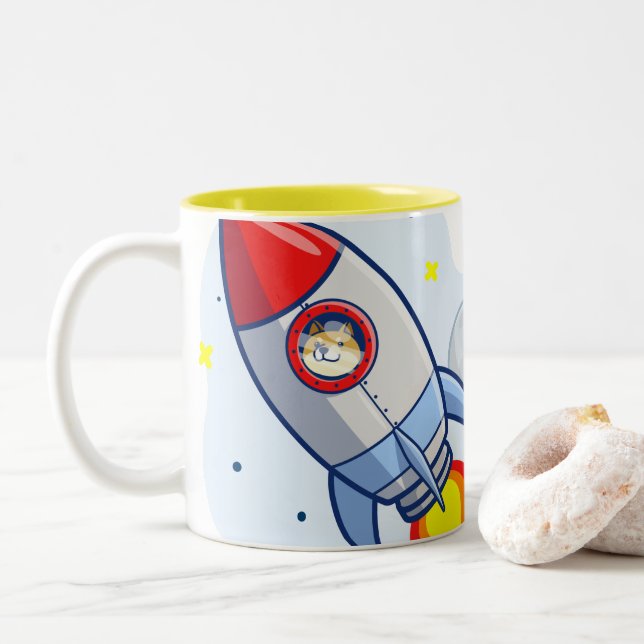 Dogecoin To The Moon Rocket Man Space Doge Crypto  Two-Tone Coffee Mug (With Donut)
