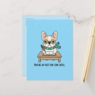 Doggy Author French Bulldog Blue Artsy Stationery Postcard