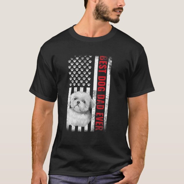 Dogs 365 Shih Tzu Best Dog Dad Ever American Flag T-Shirt (Front)