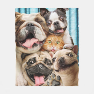 Dogs and a Cat Group Photo Fleece Blanket