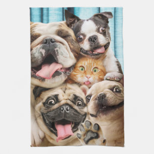 Dogs and a Cat Group Photo Tea Towel