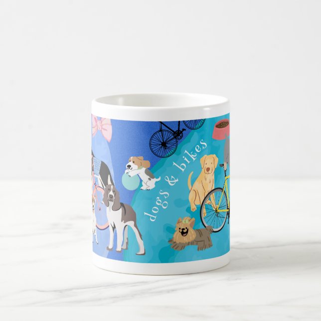 Dogs and Bikes Playful Puppies Bicycles Coffee Mug (Center)