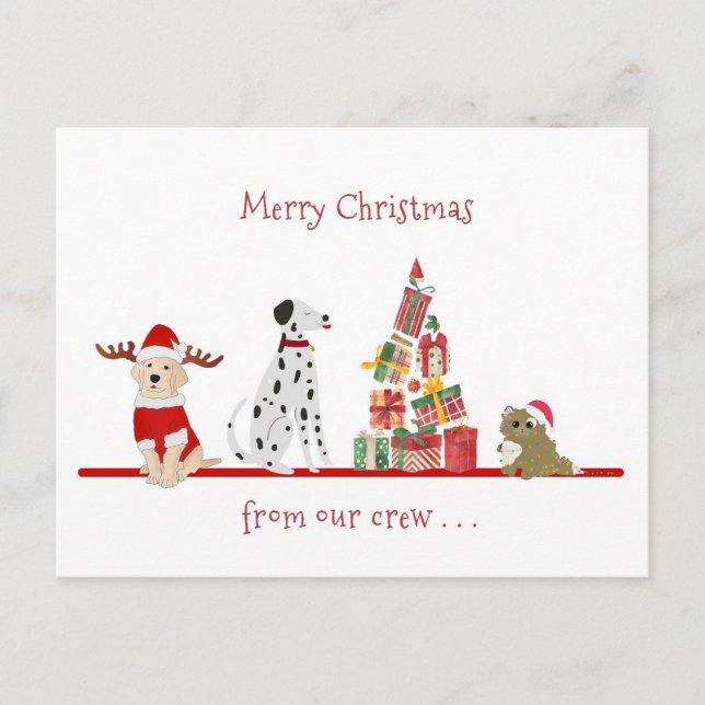 Dogs and Cat Christmas with Gifts Tree Holiday Postcard (Front)