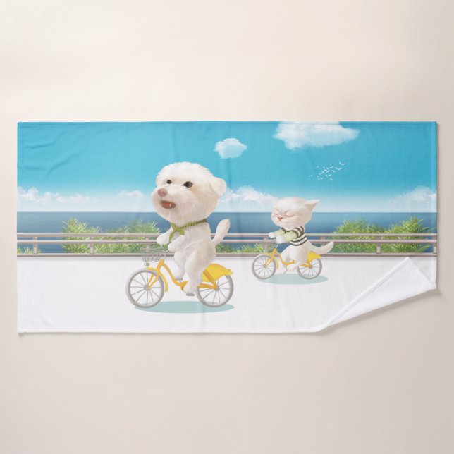 Dogs and Cats Biking by the Sea Bath Towel (Bath Towel)