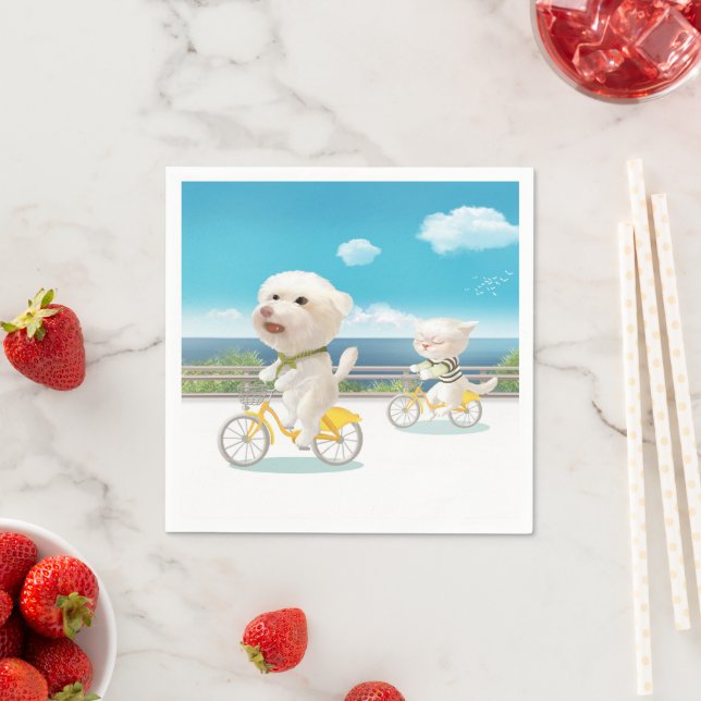 Dogs and Cats Biking by the Sea Napkin (Insitu)
