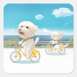 Dogs and Cats Biking by the Sea Square Sticker