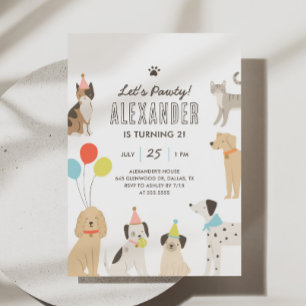 Dogs and Cats Puppy Kitten Let's Pawty Birthday Invitation