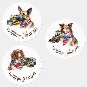 Dogs and Construction Vehicle Iron on Round Labels