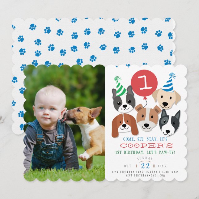 Dogs and Red Balloon Photo Birthday Invite (Front/Back)
