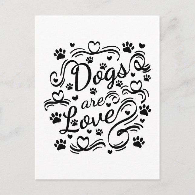 Dogs Are Love Paw And Hearts Typography Postcard (Front)