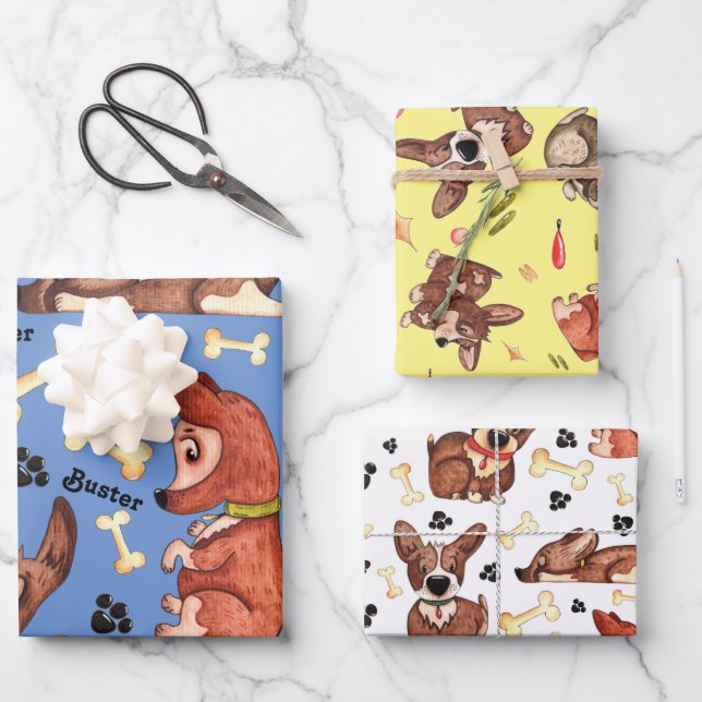 Dogs Birthday Add Name Set of 3 Wrapping Paper Sheet (Front)