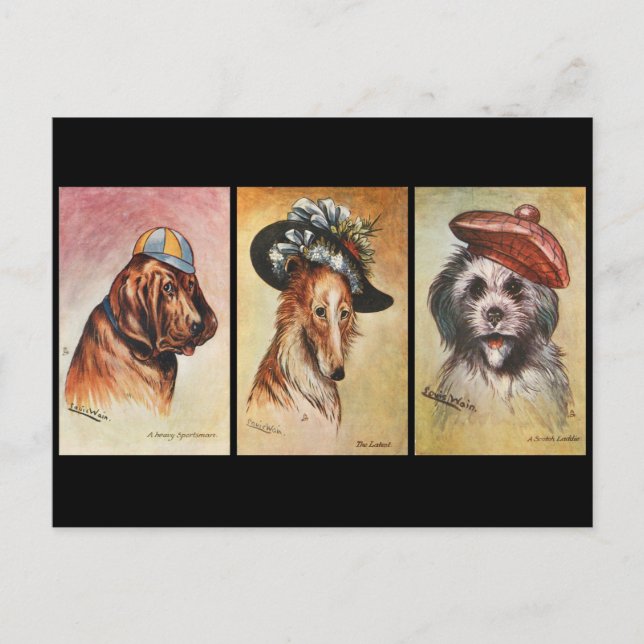 Dogs, cartoon triptych postcard (Front)