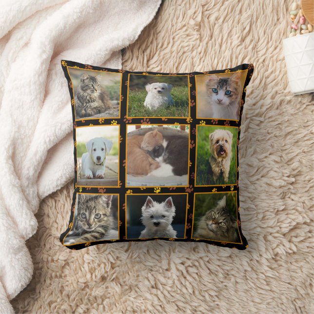 Dogs Cats Autumn Paw Prints Pet Photo Collage Cushion (Blanket)