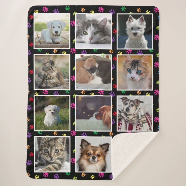 Dogs Cats Colourful Paw Prints Custom Photo Collag Sherpa Blanket (Front)